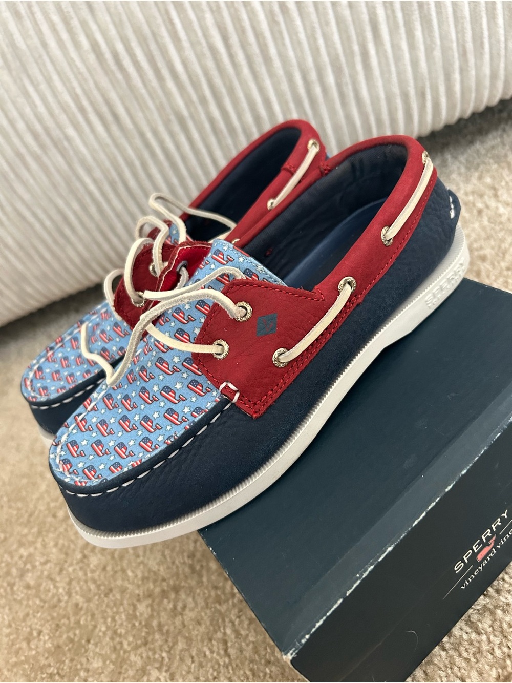 Sperry Kids Red, Navy & Light Blue Patterned Moccasins